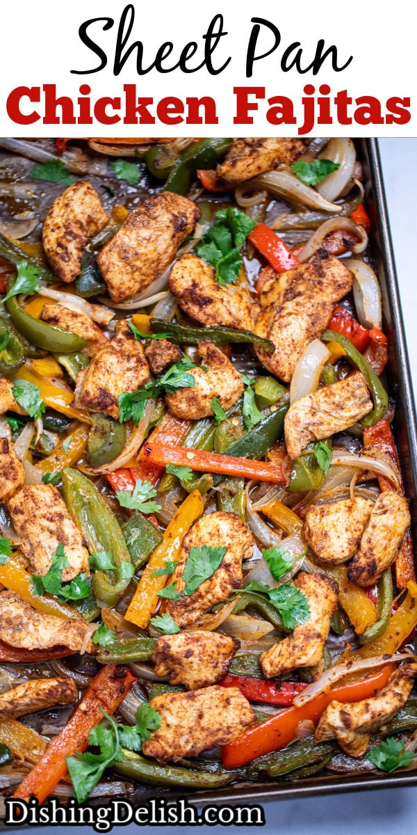 Pinterest pin with a sheet pan lined with parchment paper with cooked chicken and peppers topped with fresh cilantro.