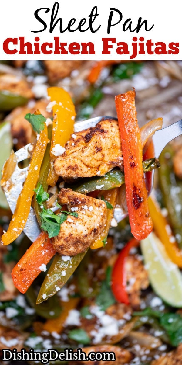Pinterest pin with a sheet pan lined with parchment paper with cooked chicken and peppers topped with fresh cilantro, with a spatula lifting some up.