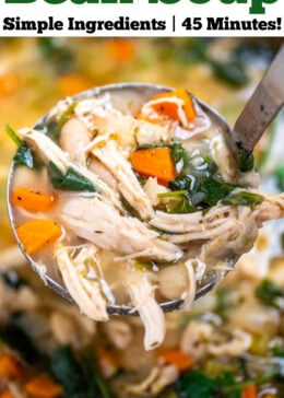 Pinterest pin with a ladle lifting white bean chicken soup out of a pot.