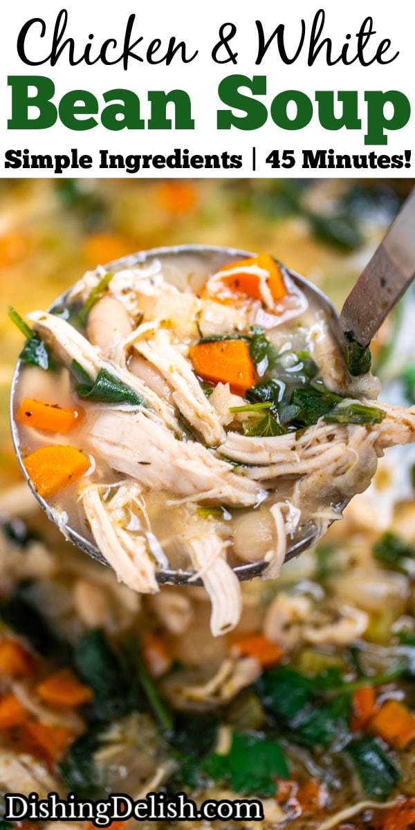Pinterest pin with a ladle lifting white bean chicken soup out of a pot.