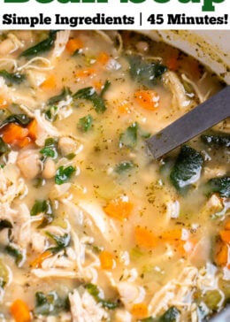 Pinterest pin with a dutch oven of white bean chicken soup with a ladle in it.