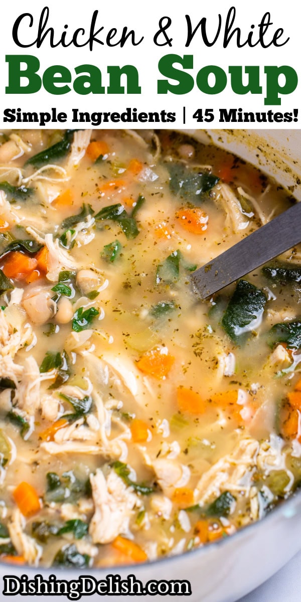 Pinterest pin with a dutch oven of white bean chicken soup with a ladle in it.