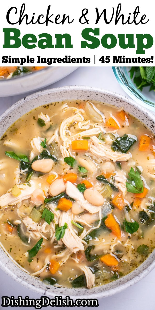 Pinterest pin with a bowl of white bean chicken soup with a pot of soup in the top left of the photo, and a small glass bowl of chopped parsley on the top right.