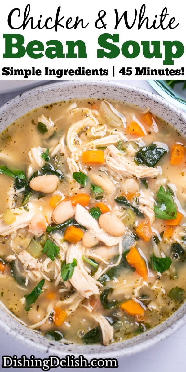 Pinterest pin with a bowl of white bean chicken soup topped with fresh parsley.