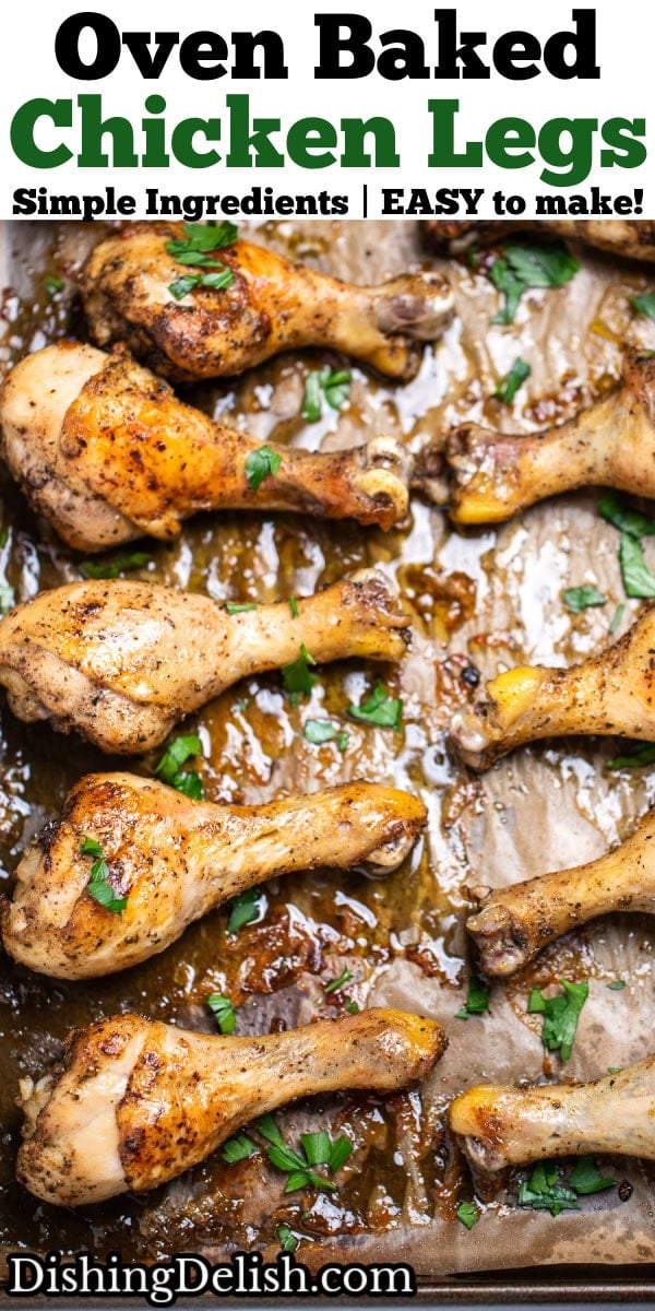 Pinterest pin with a sheet pan lined with parchment paper, with baked chicken legs in two rows on the pan, topped with fresh parsley.