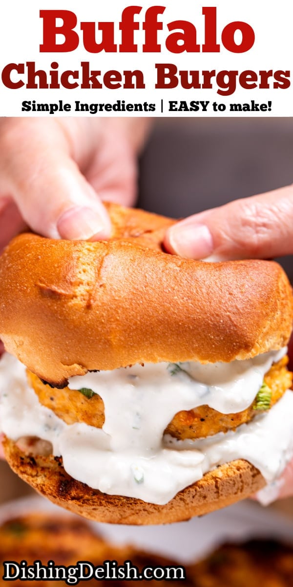 Pinterest pin with a buffalo chicken burger with blue cheese dripping from the burger, and two hands holding the burger from the back.