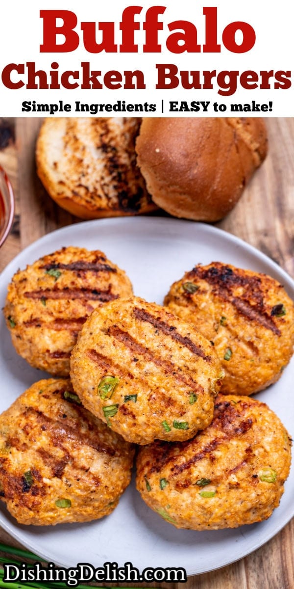 Pinterest pin with a plate of buffalo chicken burger patties on a cutting board next to a bowl of buffalo sauce and chives.