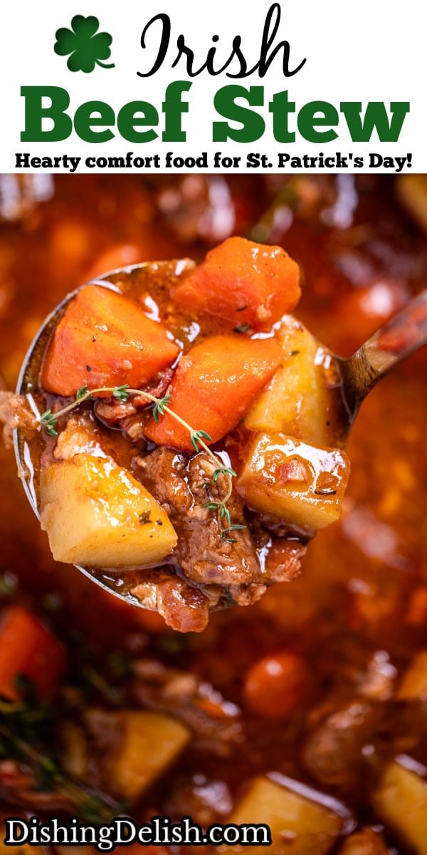 Pinterest pin with a ladle lifting up Irish beef stew from a pot.