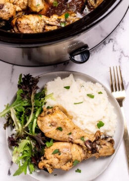 A plate with two chicken legs next to salad and mashed potatoes, in front of a slow cooker.