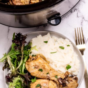 A plate with two chicken legs next to salad and mashed potatoes, in front of a slow cooker.