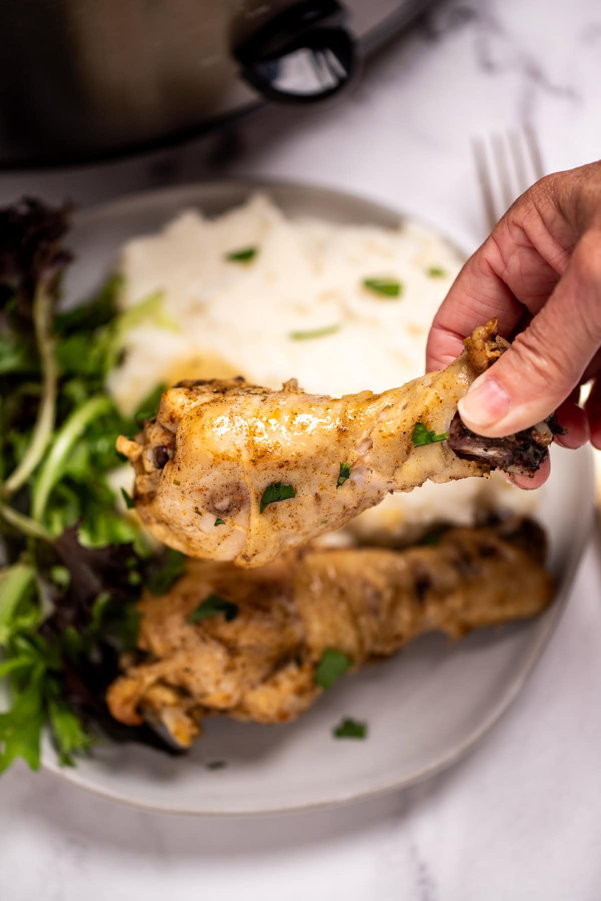 A plate with two chicken legs next to salad and mashed potatoes, in front of a slow cooker, with a hand lifting one up.