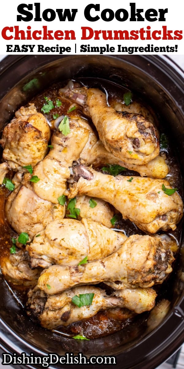 Pinterest pin with a slow cooker full of cooked chicken drumsticks topped with fresh parsley.
