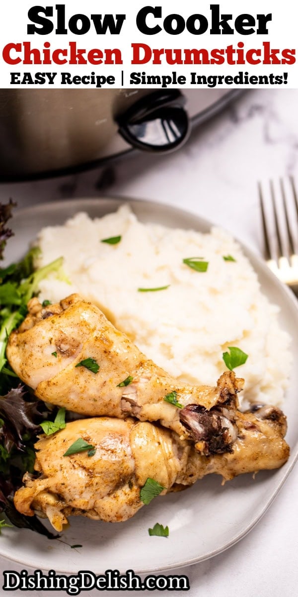 Pinterest pin with a plate with two chicken legs next to salad and mashed potatoes, in front of a slow cooker.