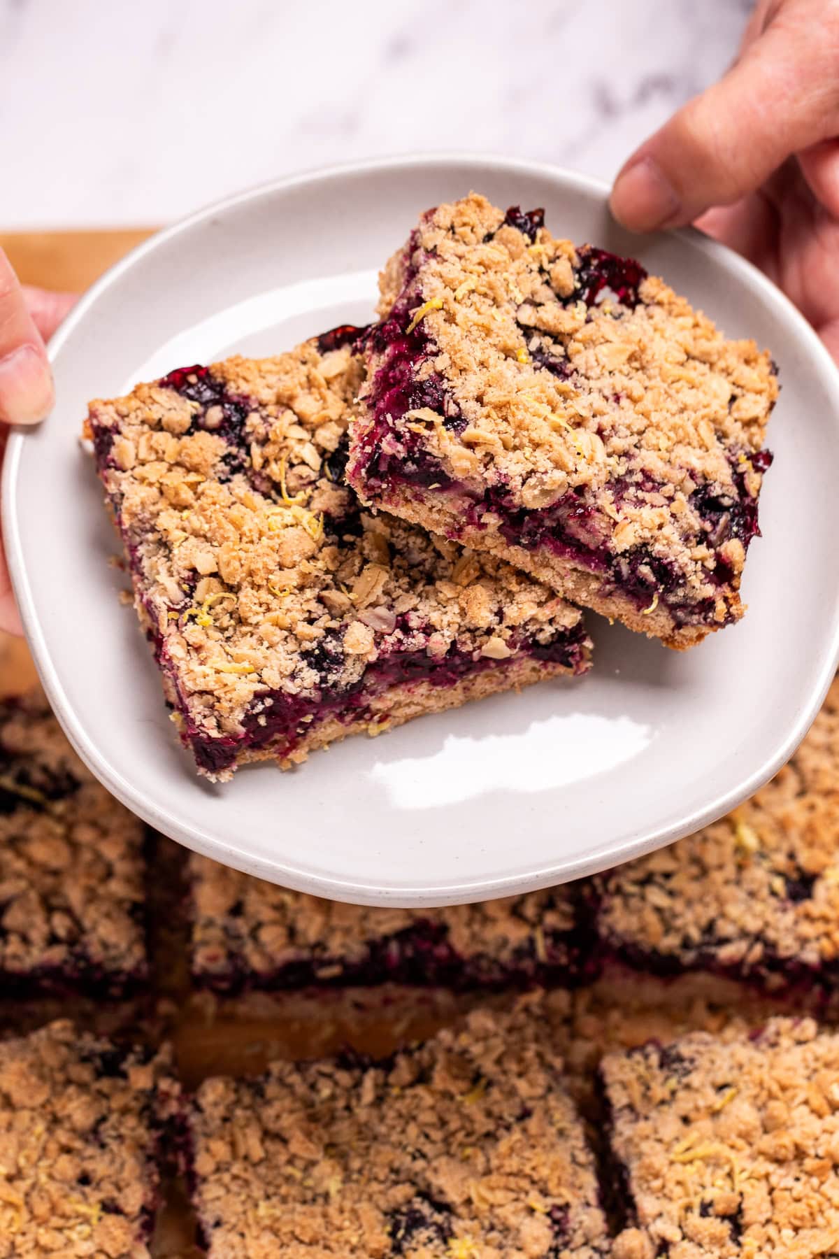 Two hands holding a plate with two blueberry oatmeal bars on it, above a pan of more bars.