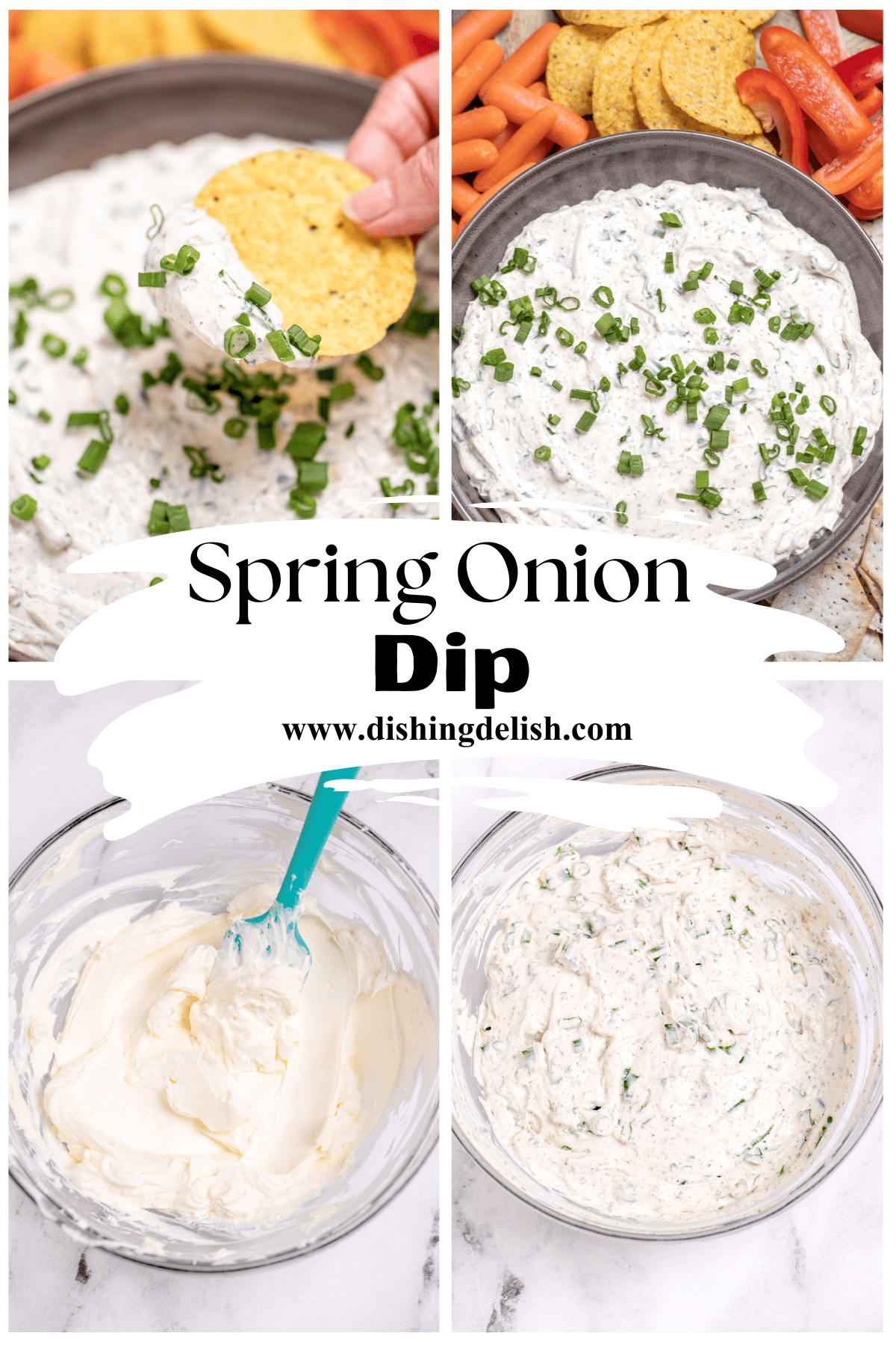 A pinterest pin with process photos of how to make green onion dip.