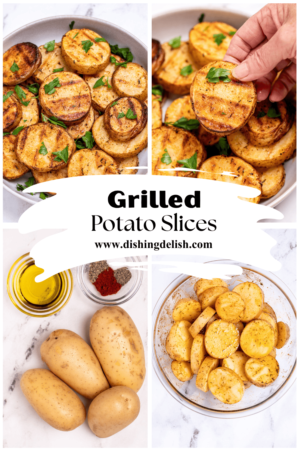 Pinterest pin with four process photos of grilled potatoes.