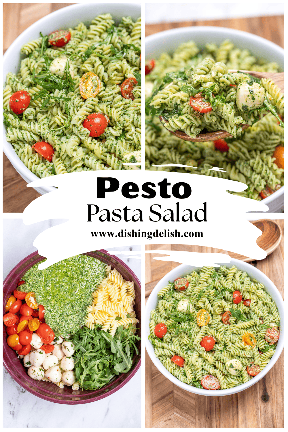 Pinterest pin with four photos of pesto pasta salad with mozzarella and cherry tomatoes in a serving bowl resting on a cutting board.