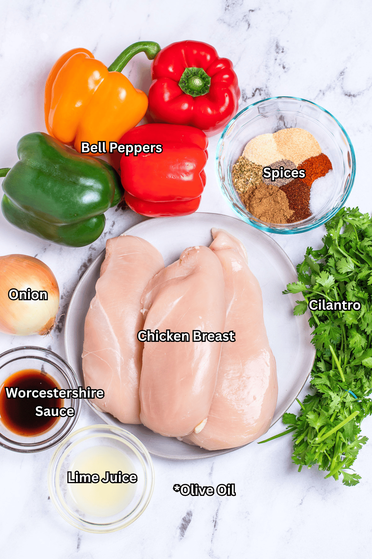 Individual ingredients for crockpot chicken fajitas on a table.