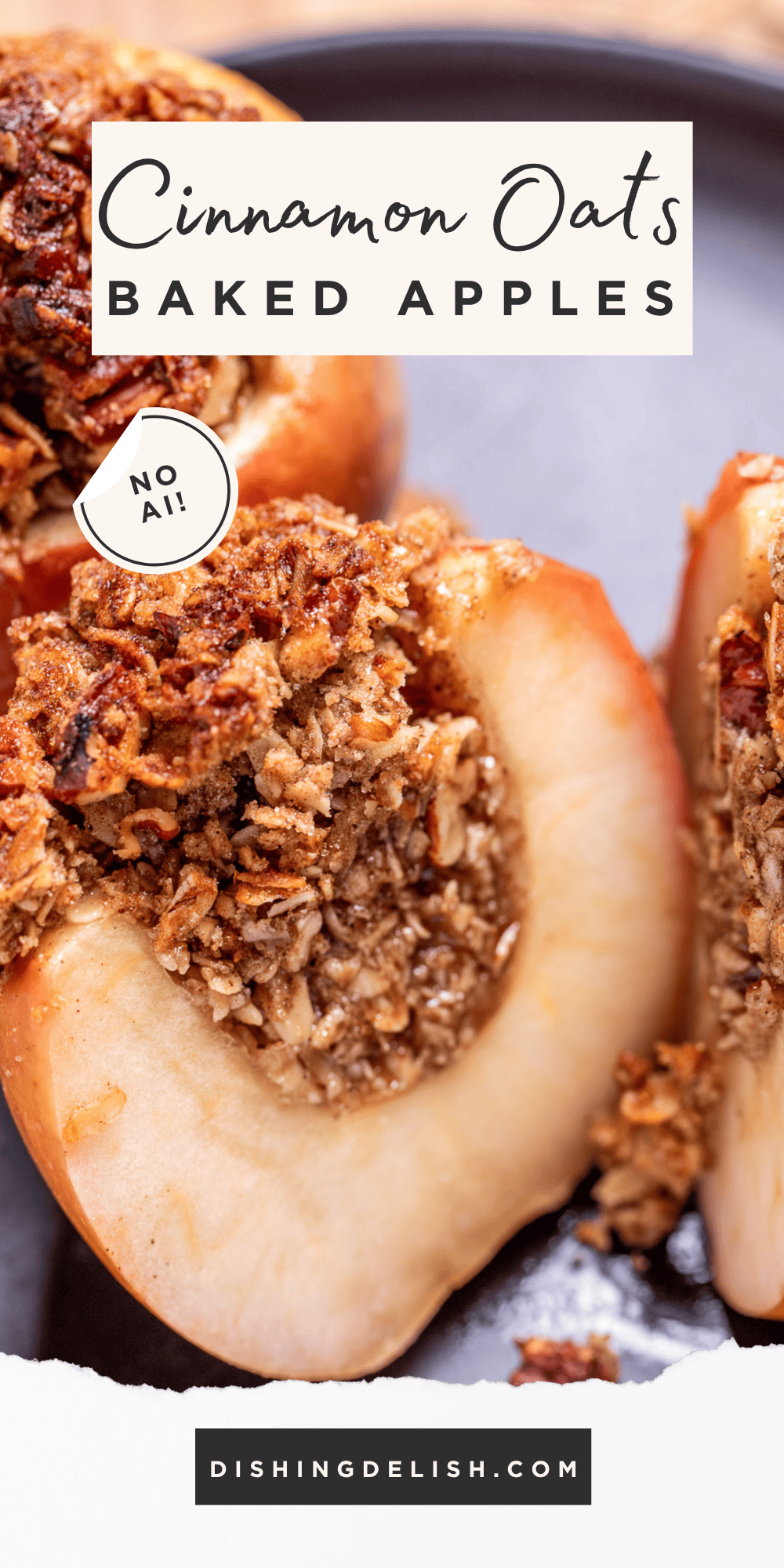 Pinterest pin with a baked apple cut in half to show the cinnamon oat filling.