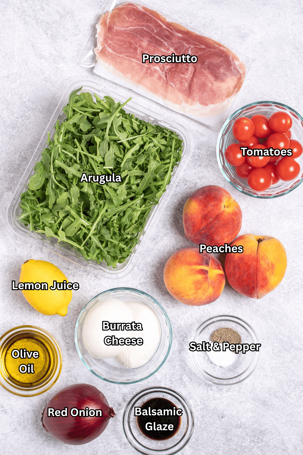 Individual ingredients for peach burrata salad on a table.