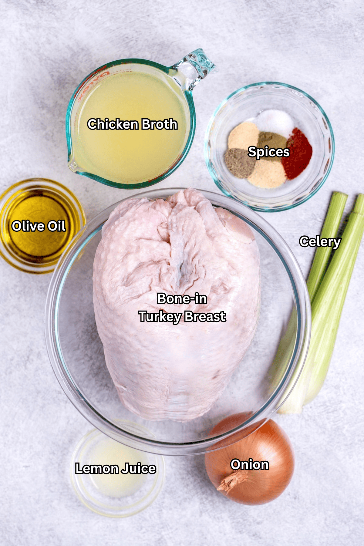 Individual ingredients for instant pot turkey breast on a table.