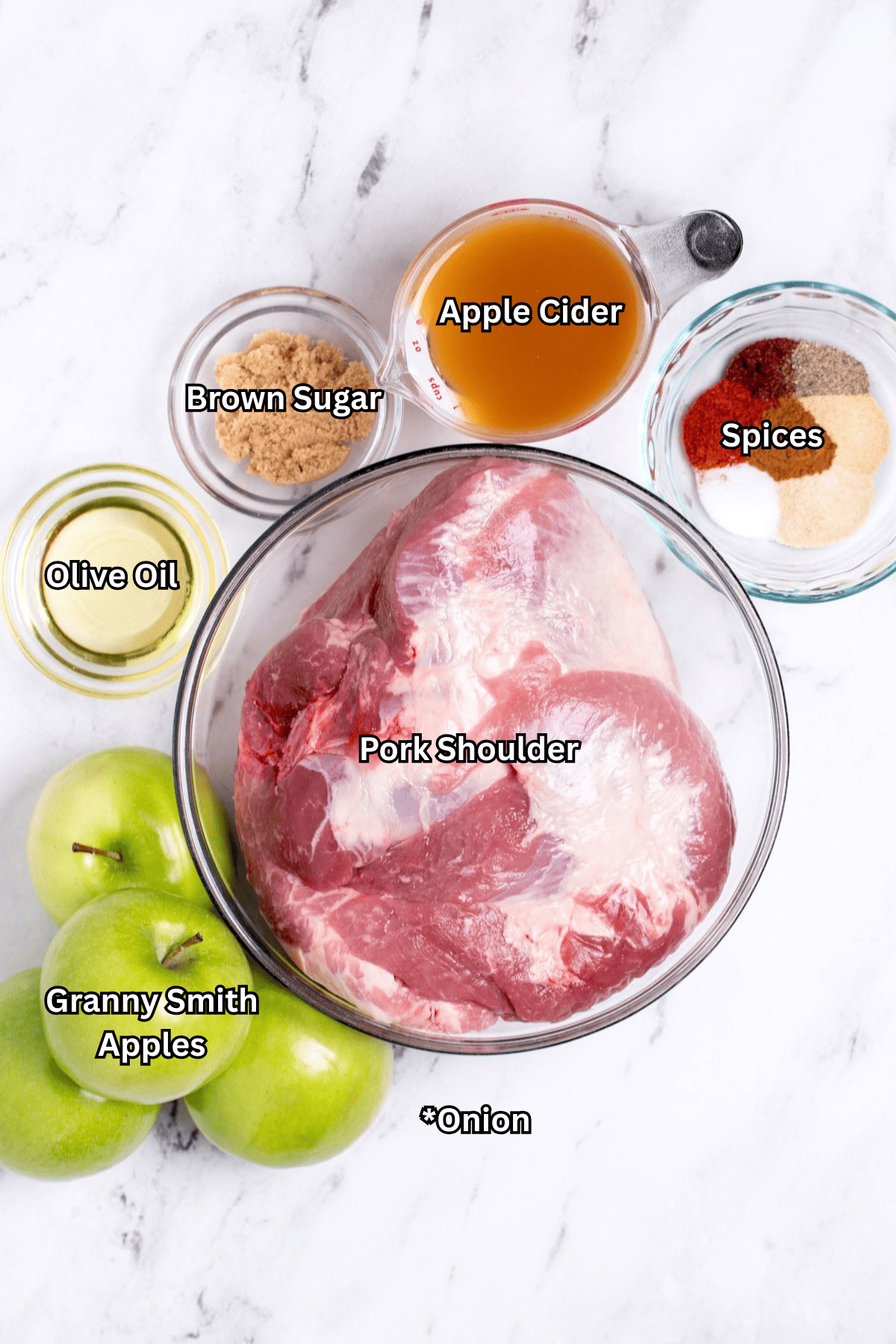 Individual ingredients for slow cooker apple cider pulled pork on a table.