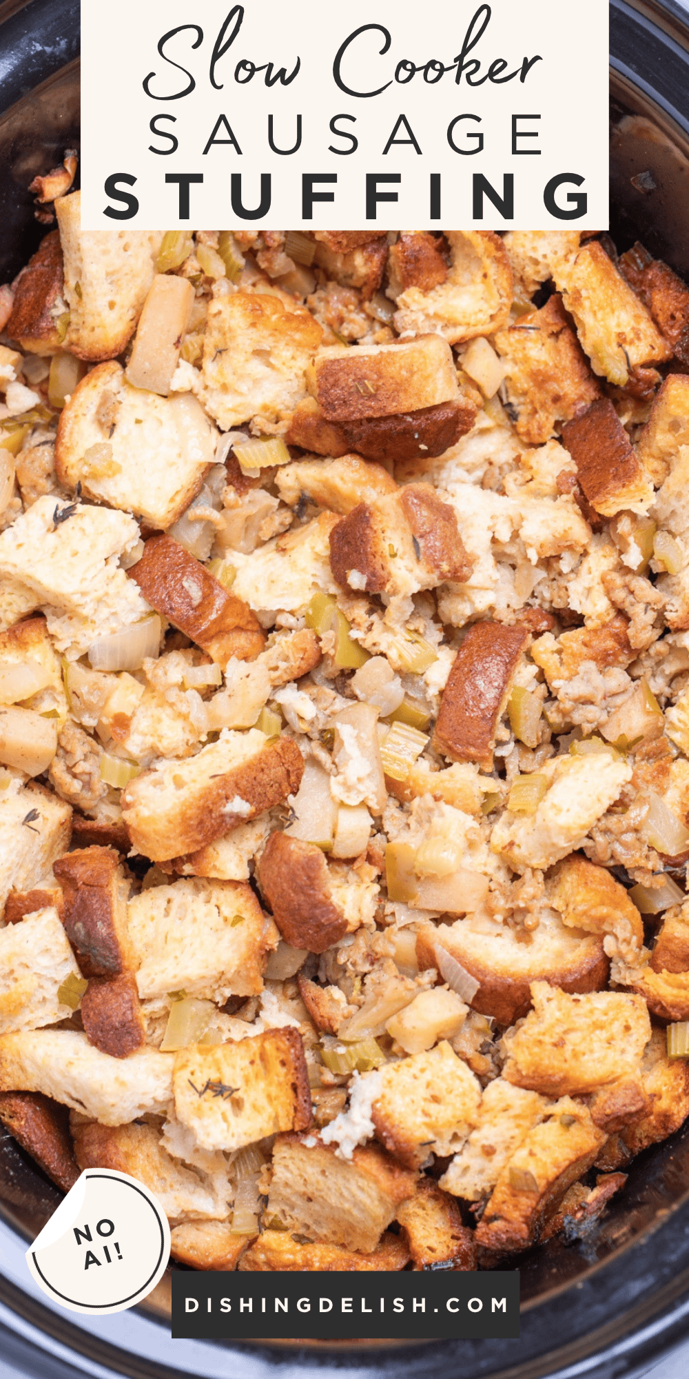 Pinterest pin with a slow cooker full of gluten free sausage stuffing.