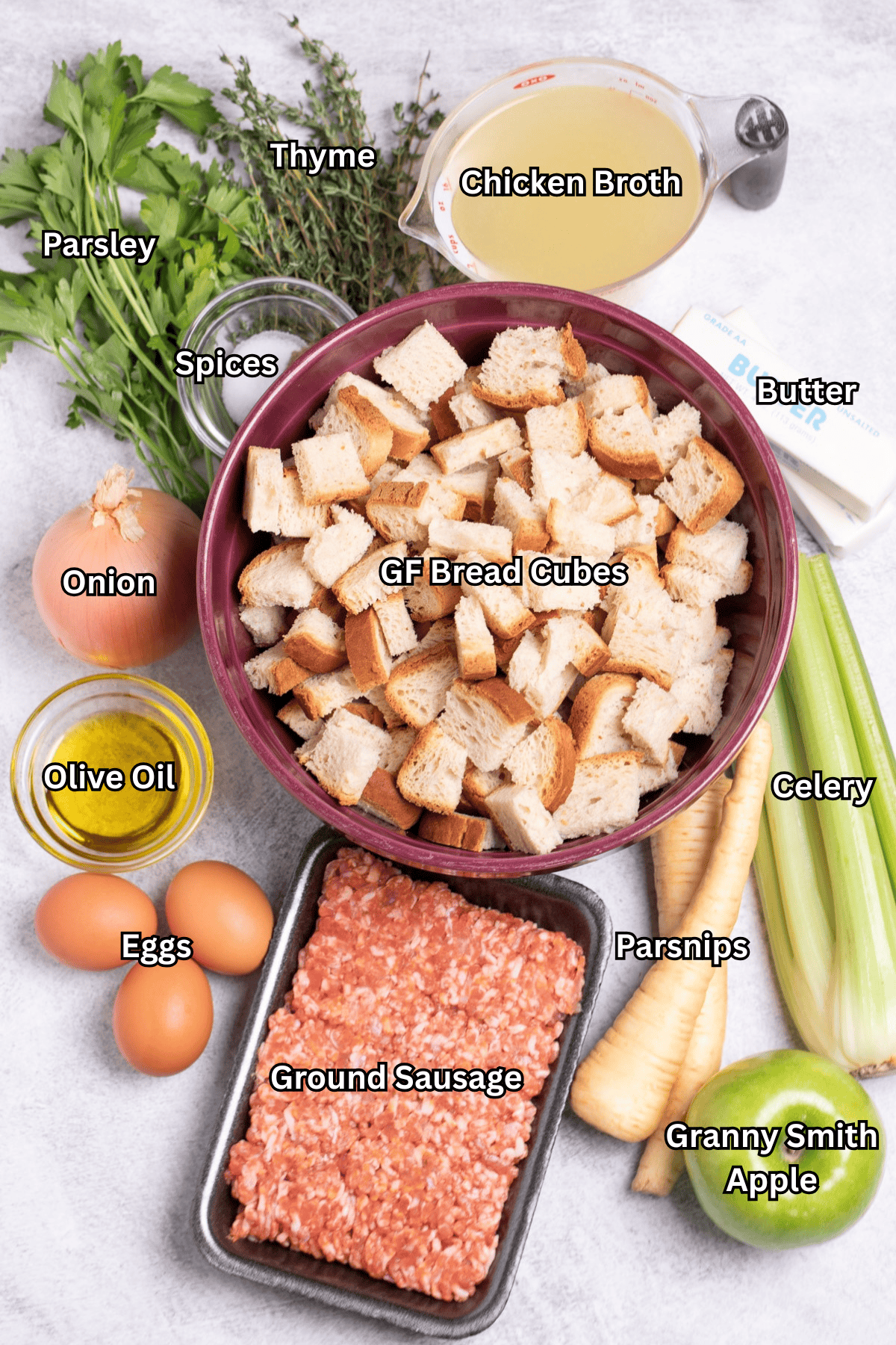 Individual ingredients for slow cooker gluten free stuffing on a table.